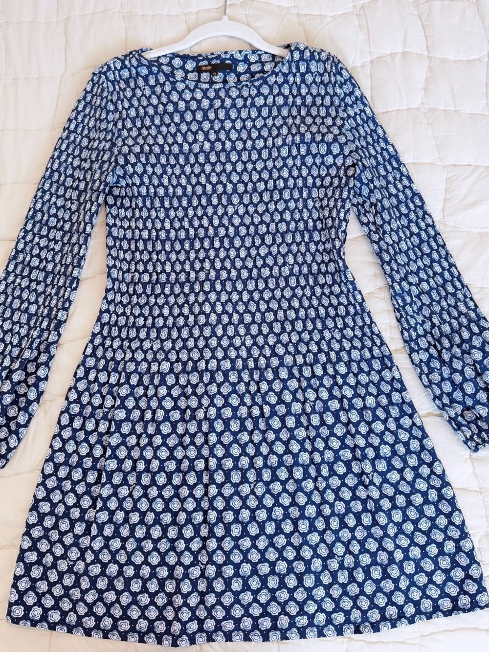 Maje Navy and White Long-Sleeve Floral Swing Dress